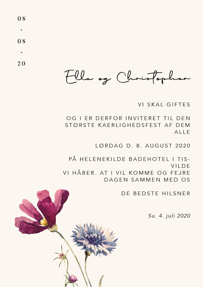 
                Ella & Christopher creme bryllupsinvitation med smukke blomster der vokser op af invitationen. Denne invitation er speciel på sin helt egen måde. Benyt bagsiden til flere praktiske oplysninger eller indsæt et skønt foto af jer - det kommende brudepar. Til dette design følger matchende elementer i form af velkomstskilt, salmehæfte, bordoversigt, bordkort, menukort, drinkskort, takkekort mm.                